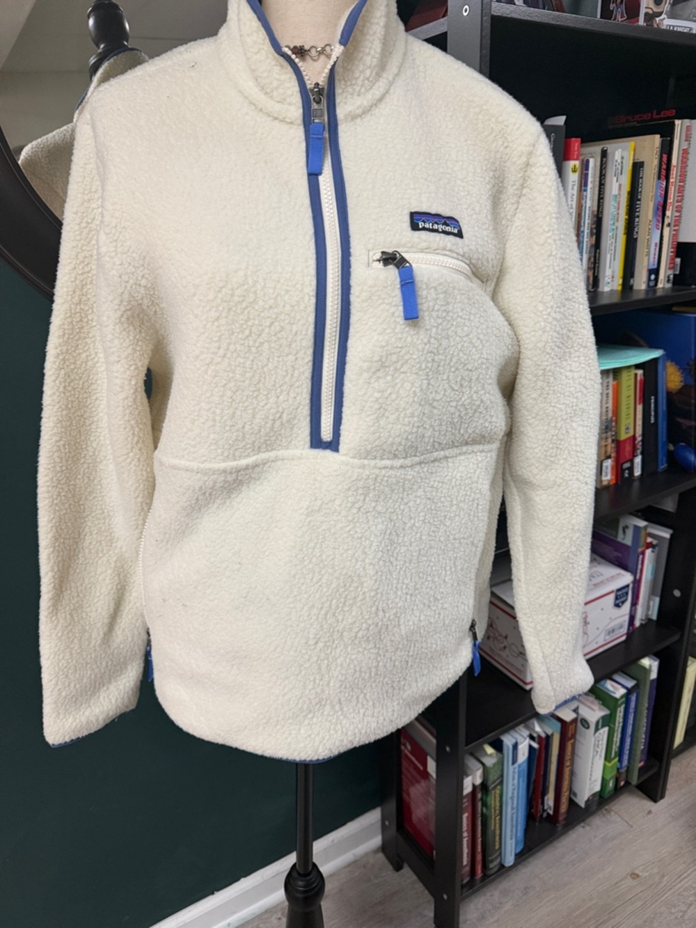 Patagonia Women’s Cream Pile Fleece Pullover with Blue Trim